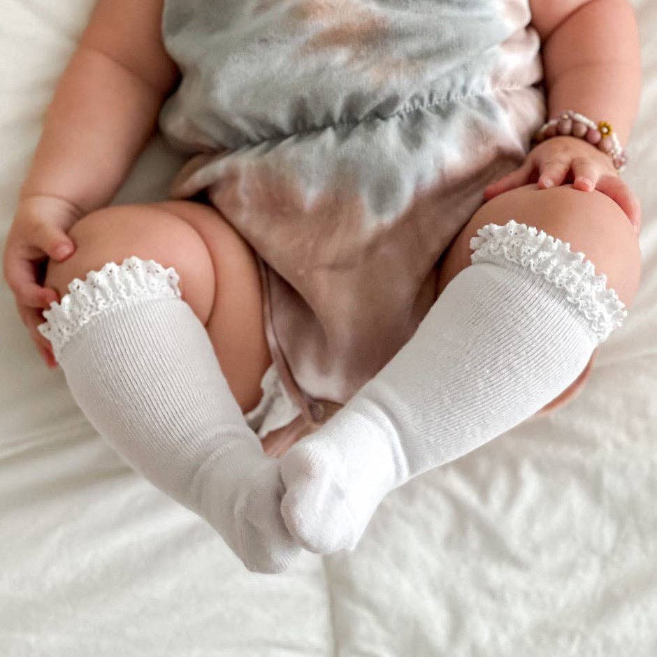 Little Stocking Co. Lace Top Knee High Socks - White