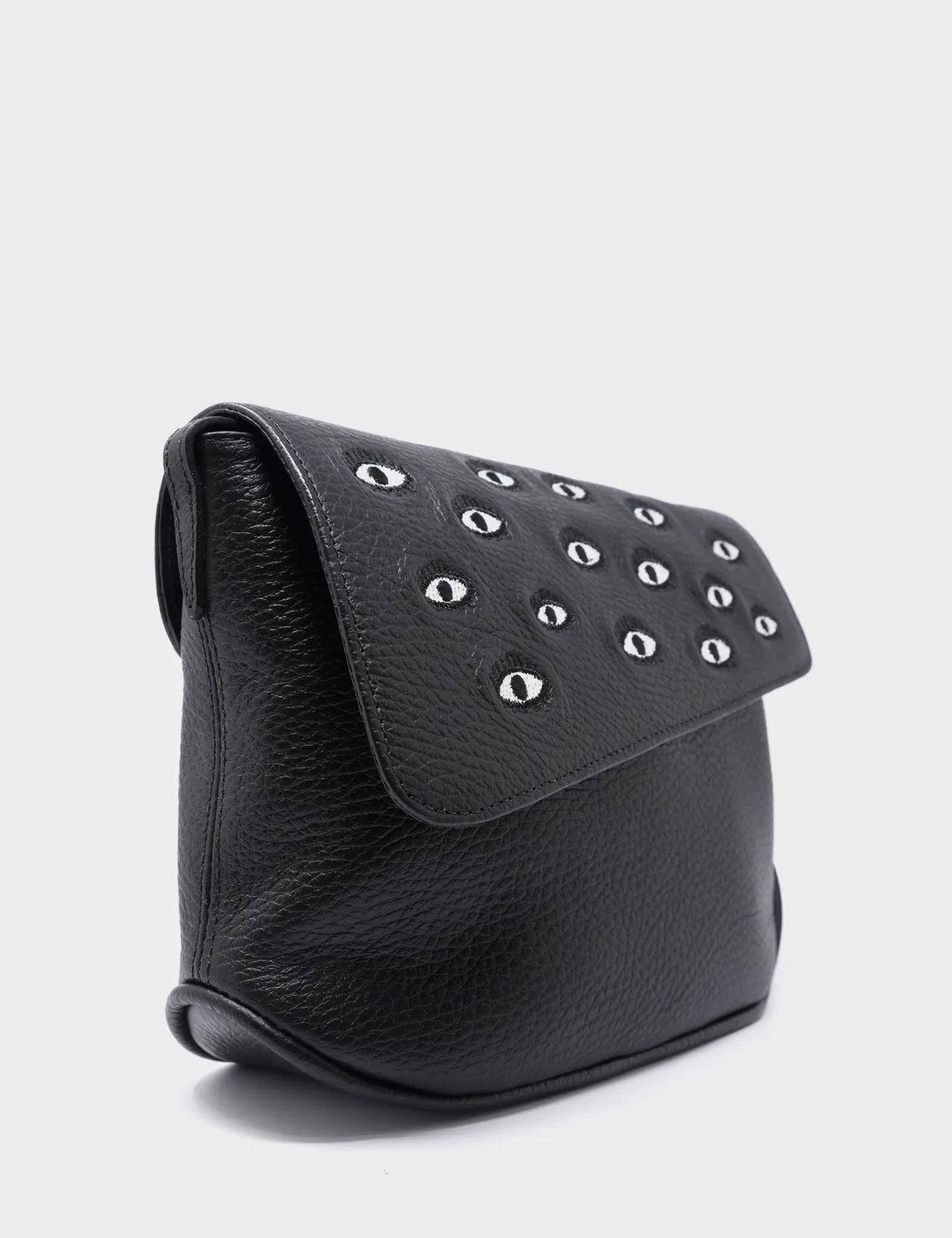 Min & Mon - Bruno Mini Crossbody Black Leather Bag - All Over Eyes