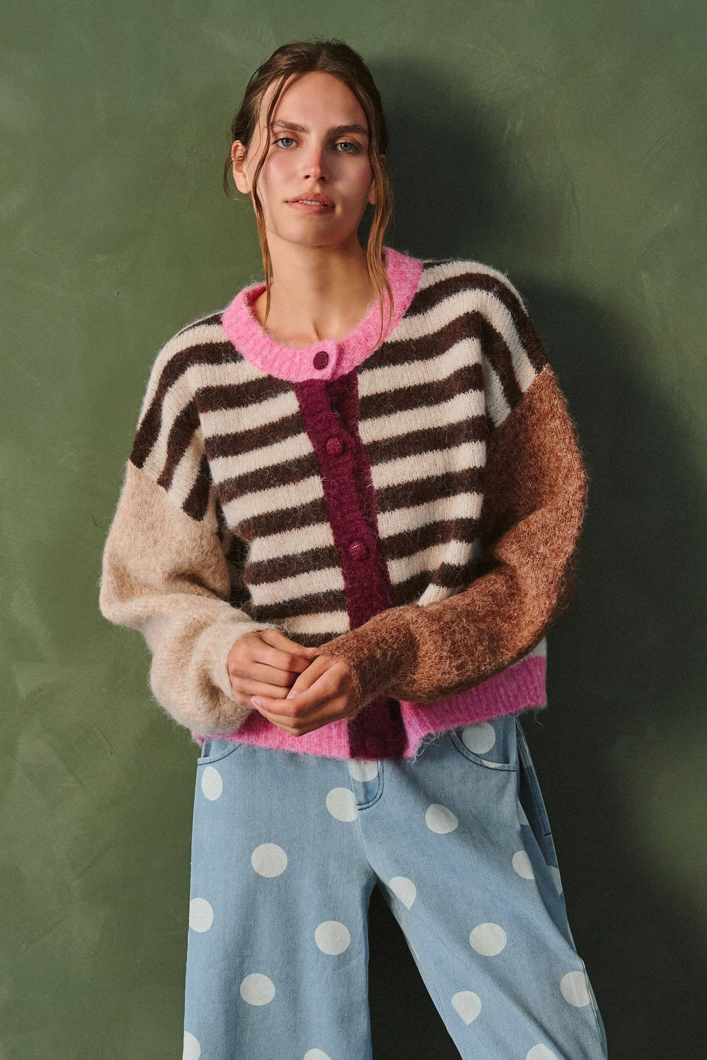 Women’s Color Pop Stripe Cardigan- Pink/Brown