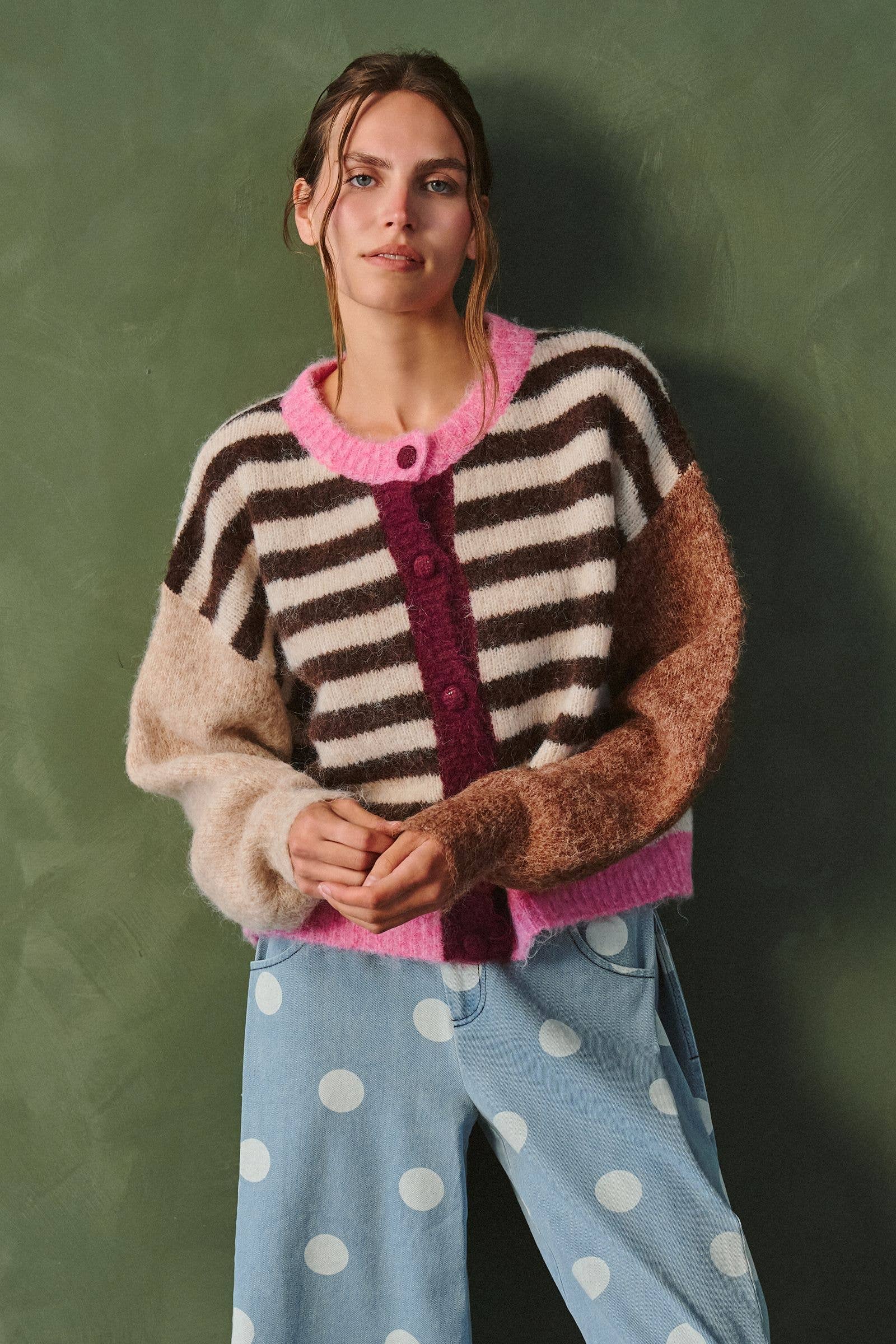 Women’s Color Pop Stripe Cardigan- Pink/Brown