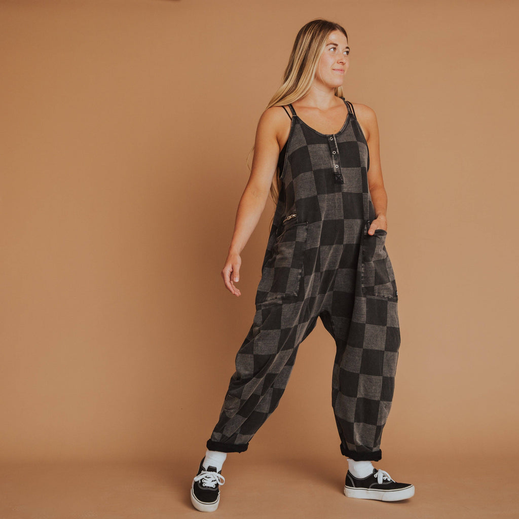RAGS - Women's Tank Romper - Black Denim Check