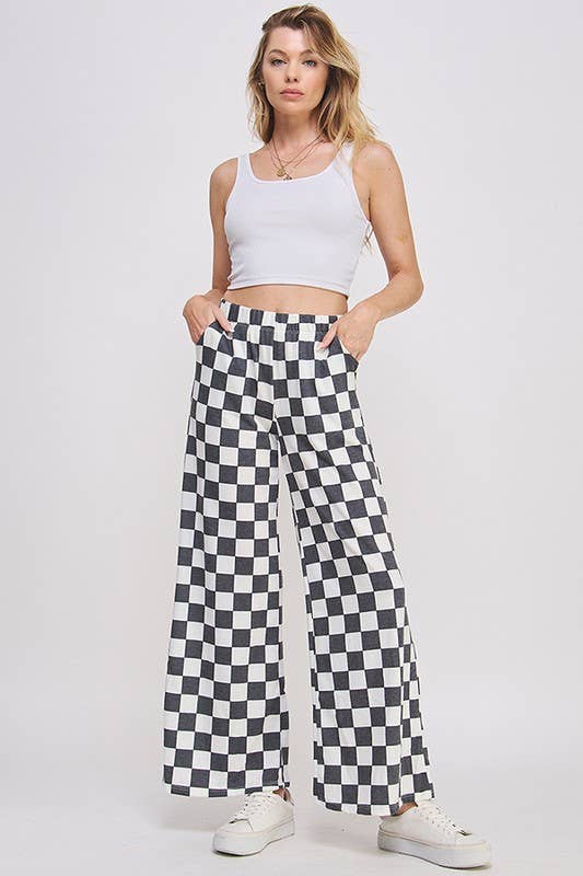 Jade by Jane - High Waist Checkered Straight Leg Knit Pants