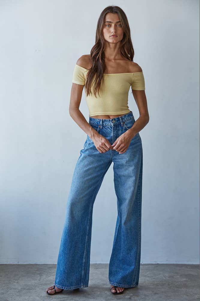 Women's Knit Seamless Ribbed Off Shoulder Crop Top - Butter Yellow