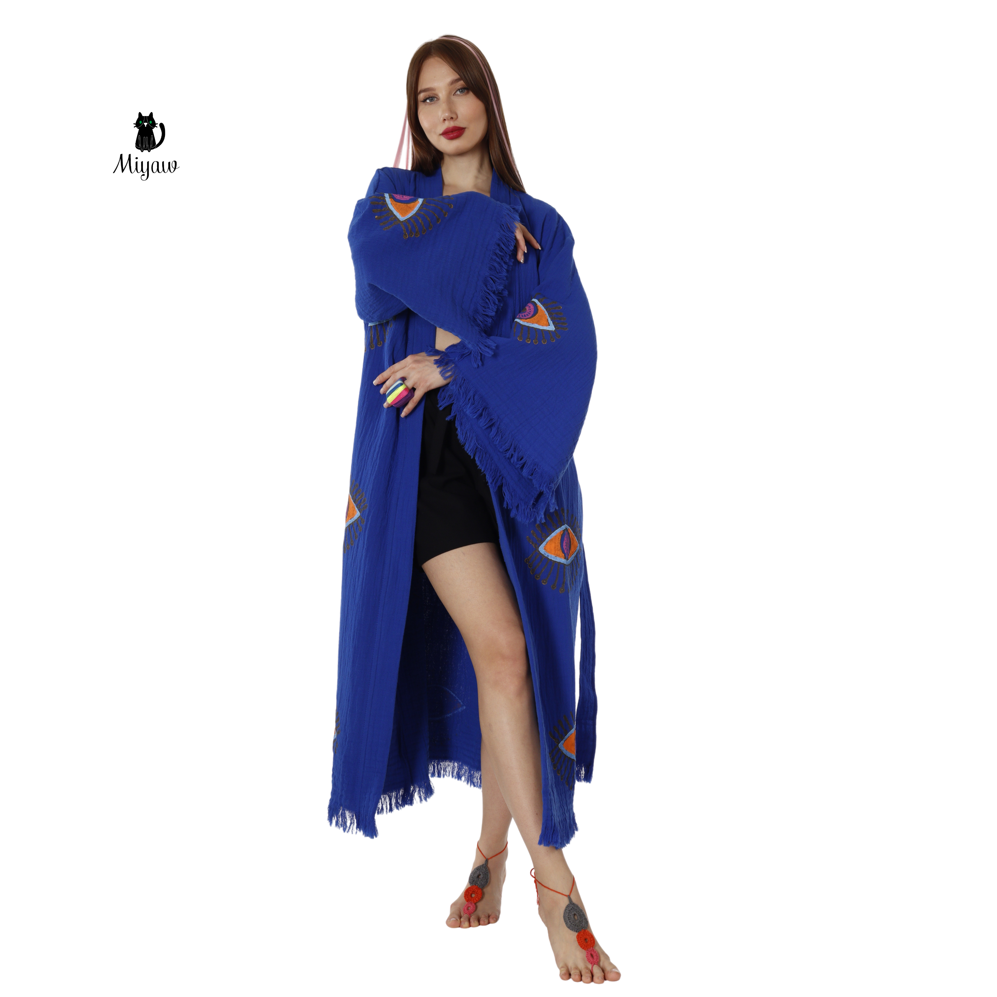 Handmade Organic Cotton Kimono Robe - Blue Protective Eye