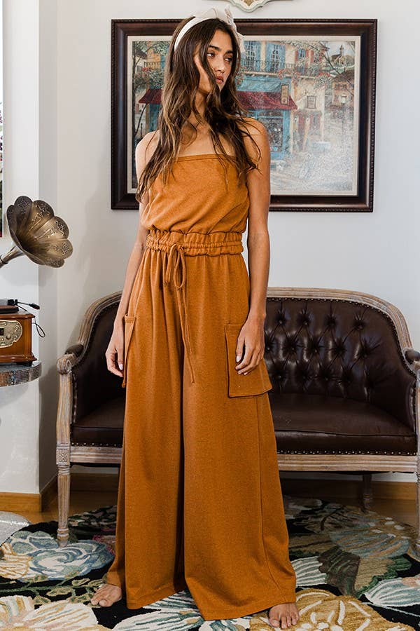 Women's Drawstring Waist Strapless Jumpsuit - Camel