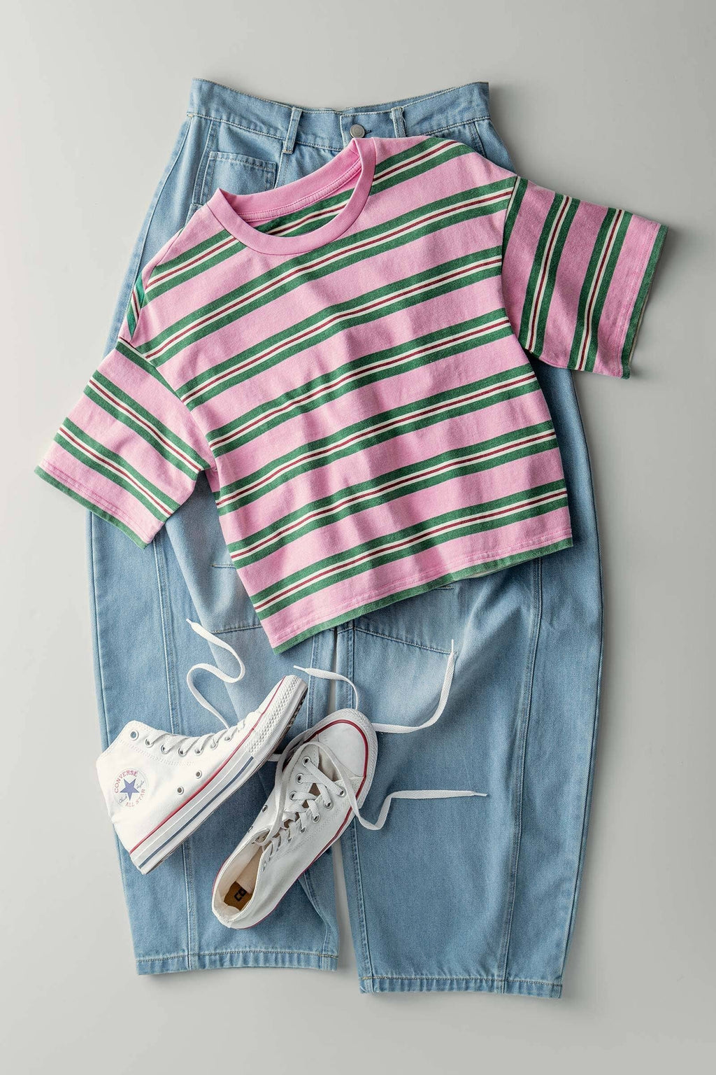 Women's Vintage Washed Striped Cotton Crop Tee - Pink/Green