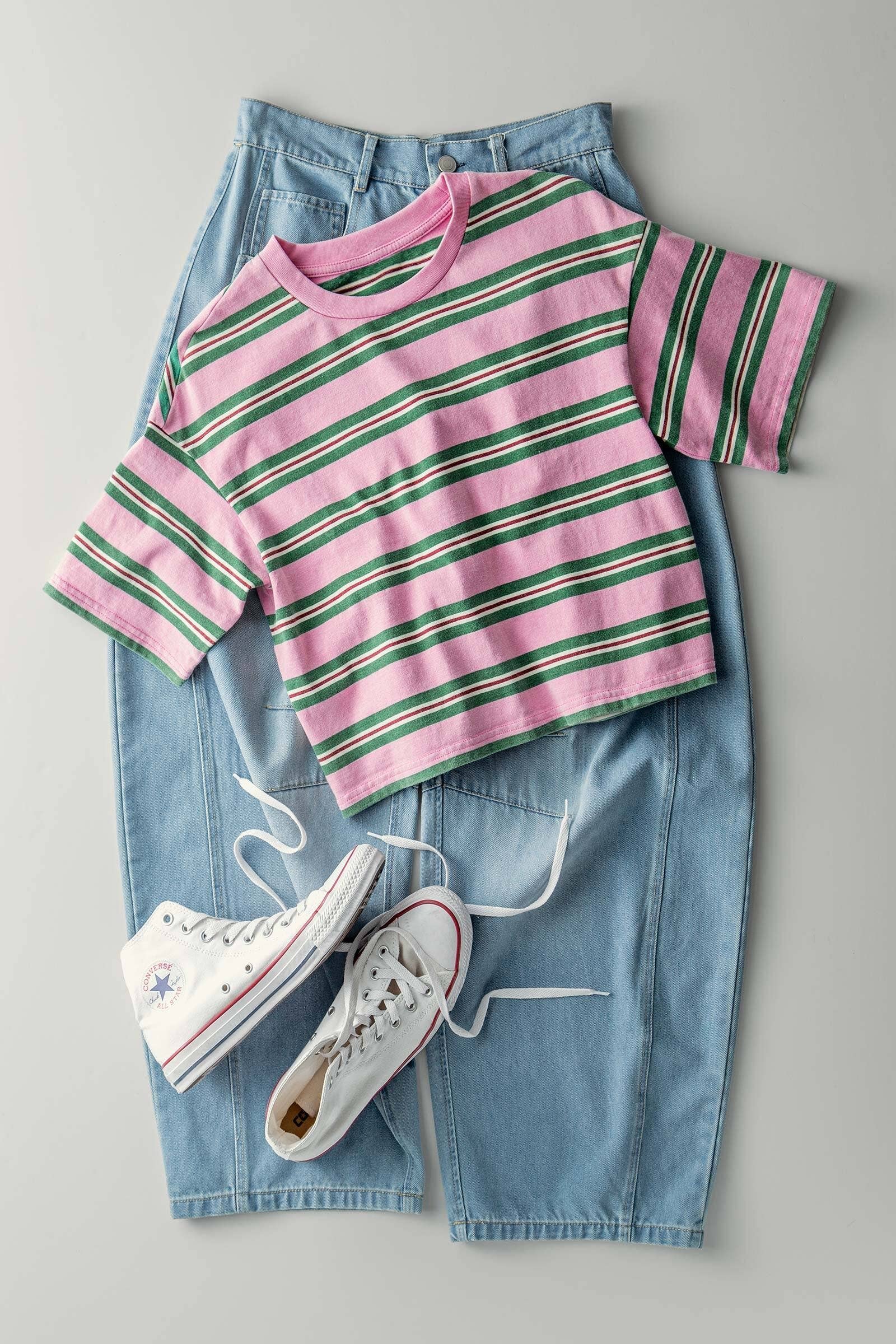 Women's Vintage Washed Striped Cotton Crop Tee - Pink/Green