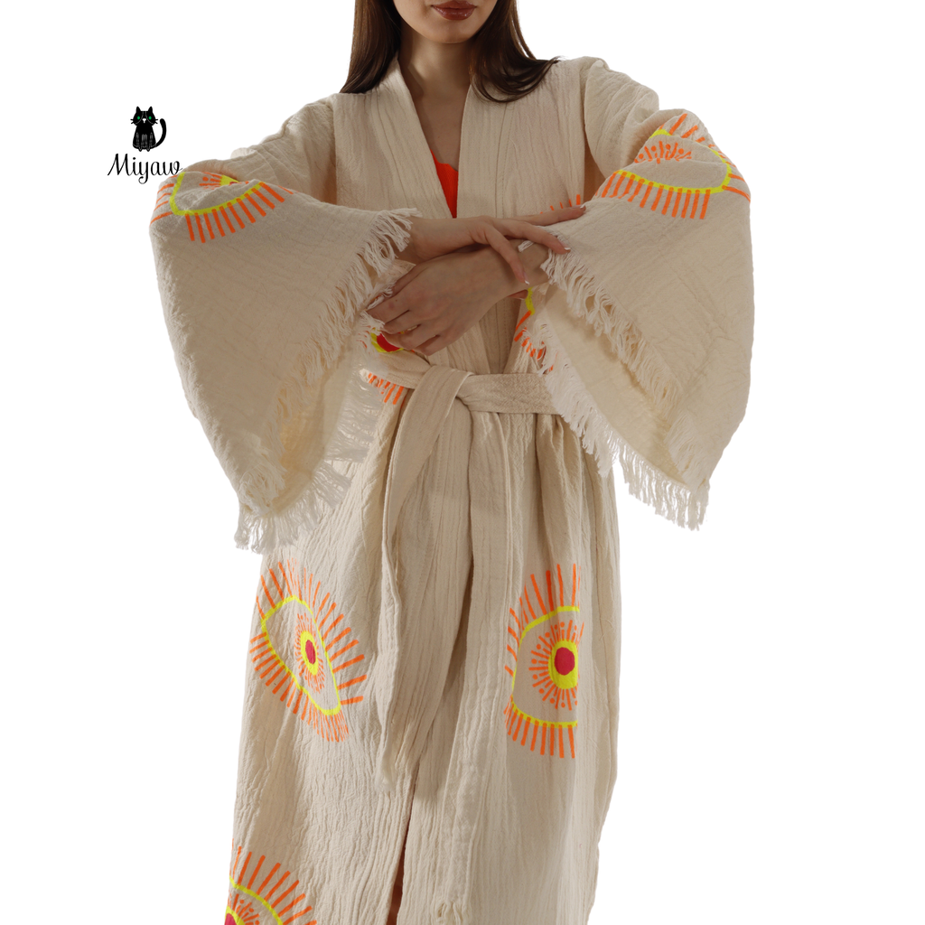 Handmade Organic Cotton Kimono Robe – Beige Evil Eye