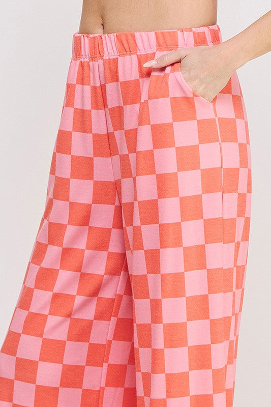 Jade by Jane - High Waist Checkered Straight Leg Knit Pants (Red/Pink)