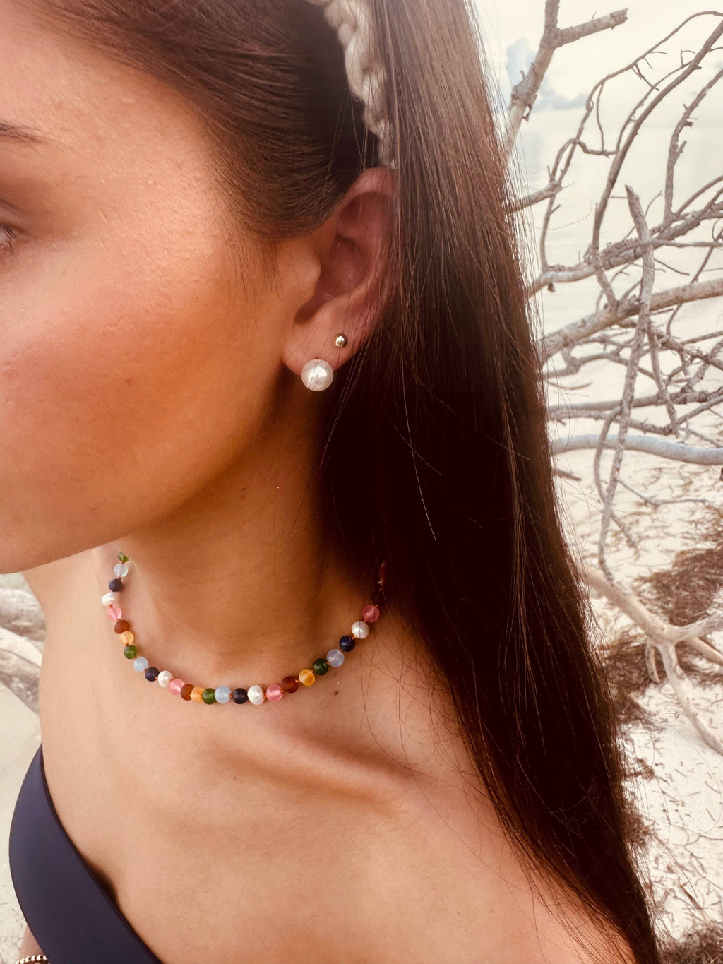 CanyonLeaf - Raw Baltic Amber and Pearl Necklace + Sweet Pink Gemstones