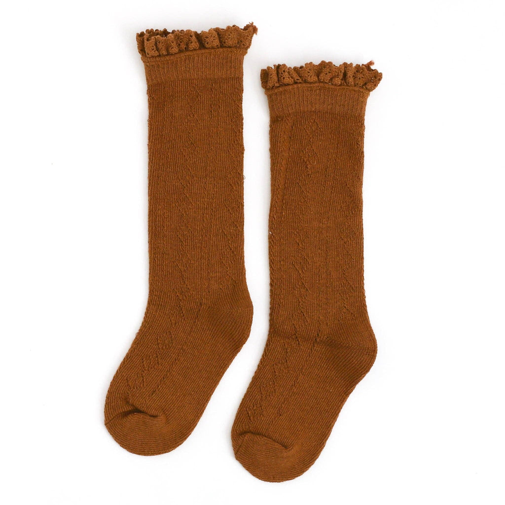 Little Stocking Co. Fancy Lace Top Knee High Socks - Sugar Almond