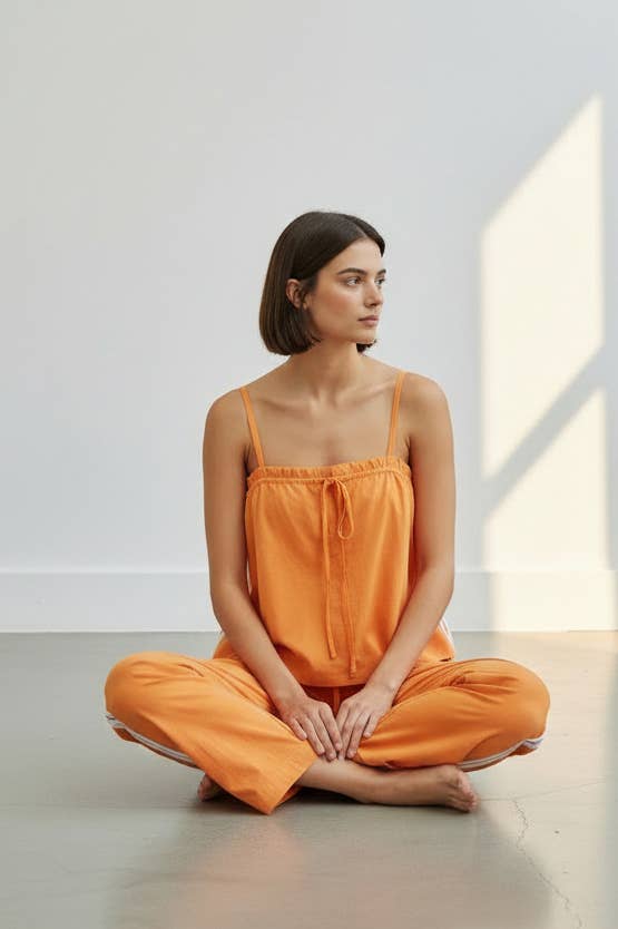 Women's Solid Cotton Camisole & Wide-Leg Pant Set - Orange
