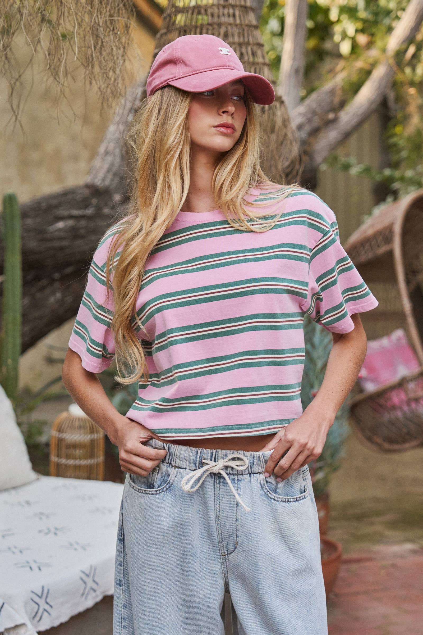 Women's Vintage Washed Striped Cotton Crop Tee - Pink/Green