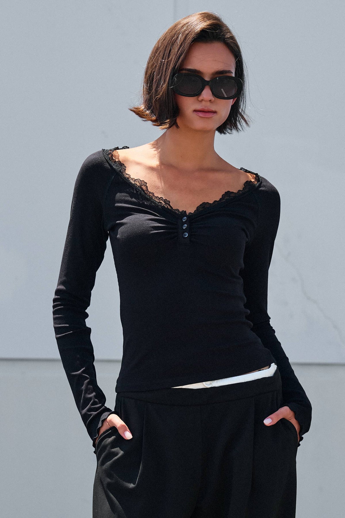 Women's Lace Trim Ribbed Knit Henley Top - Black