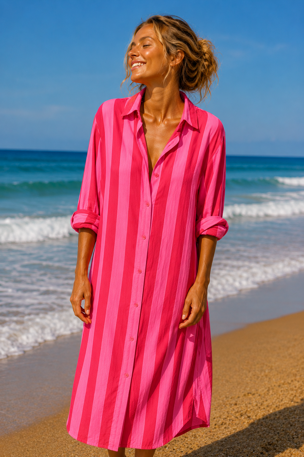 Cabana Club California - Surf Stripe Shirt Dress - Pink/Red