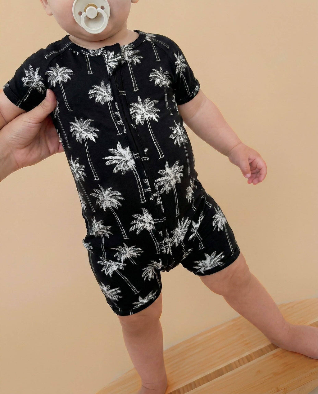 Lucky Panda Kids - Bamboo Shorty Romper - Palm Style Black
