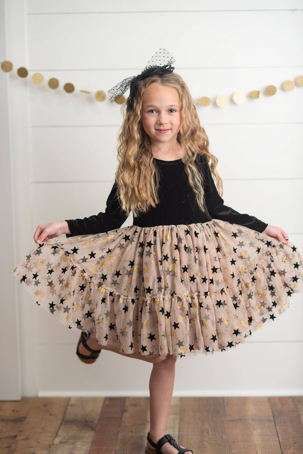 Oopsie Daisy - Velvet Sparkle Tulle Dress - Black & Gold Star