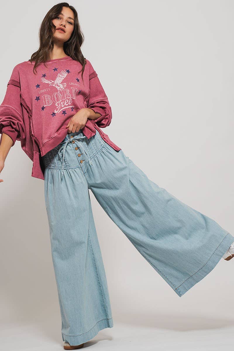 Women's Pleated Wide-Leg Button Closure Pants - Light Denim