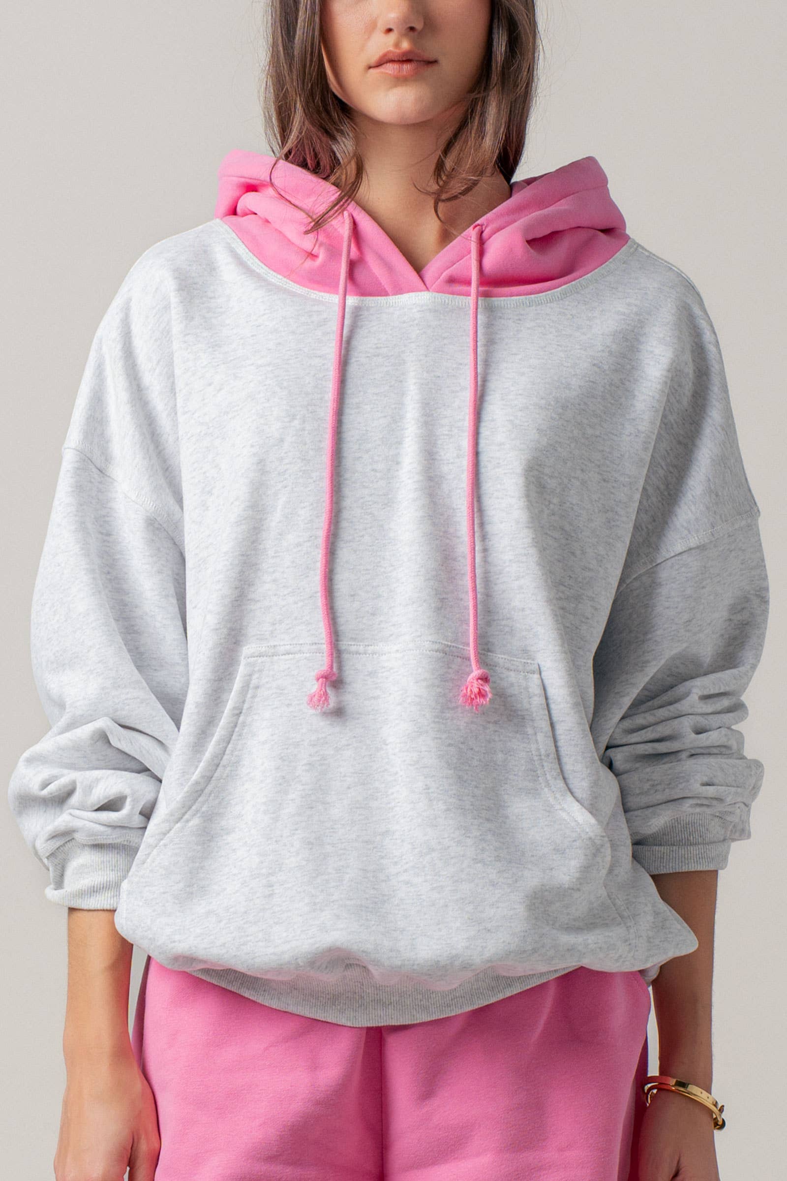 Women's Contrast Hood Colorblock Pullover Hoodie - Pink