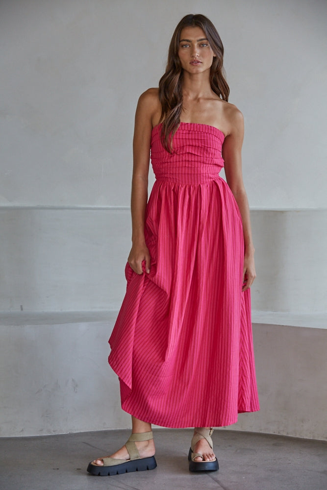 Women's Striped Tube Neck Strapless Flare Maxi Dress - Pink