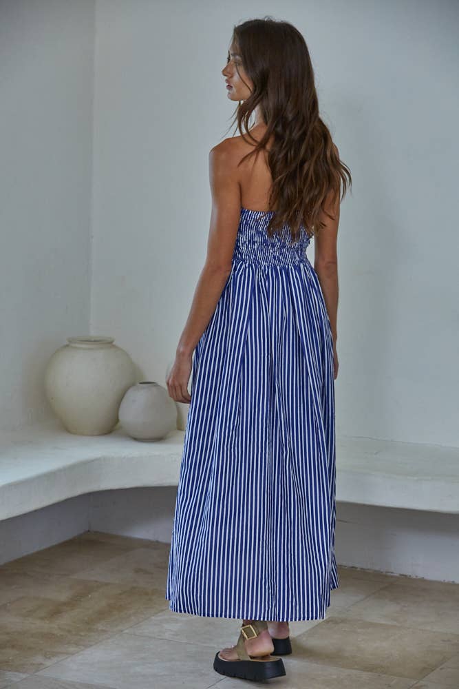 Women's Striped Tube Neck Strapless Flare Maxi Dress - Denim Blue