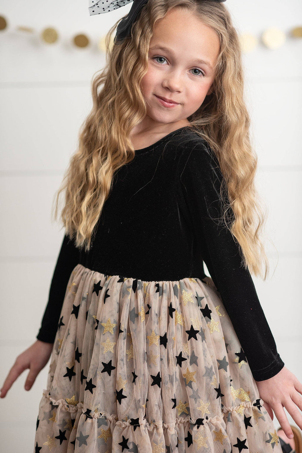 Oopsie Daisy - Velvet Sparkle Tulle Dress - Black & Gold Star