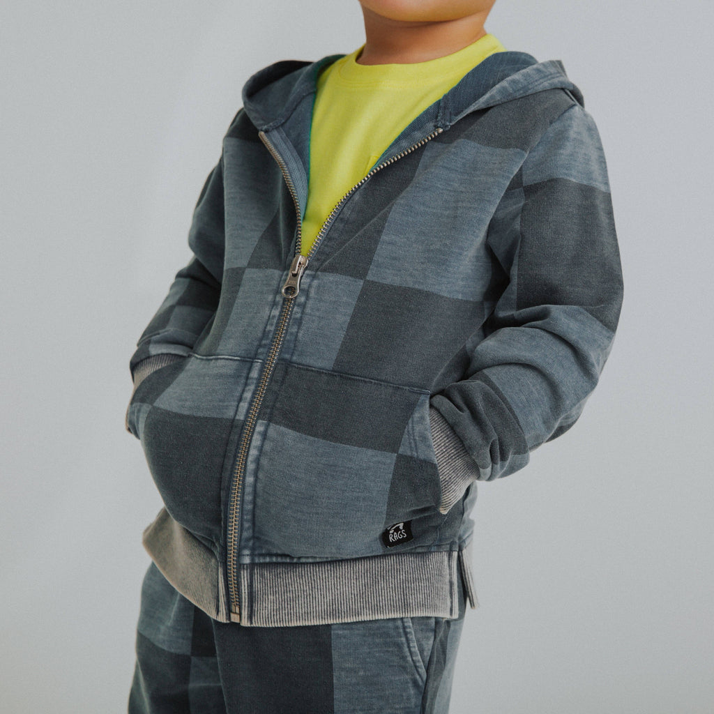 RAGS - Kids Zip Up Hoodie - Blue Denim Check