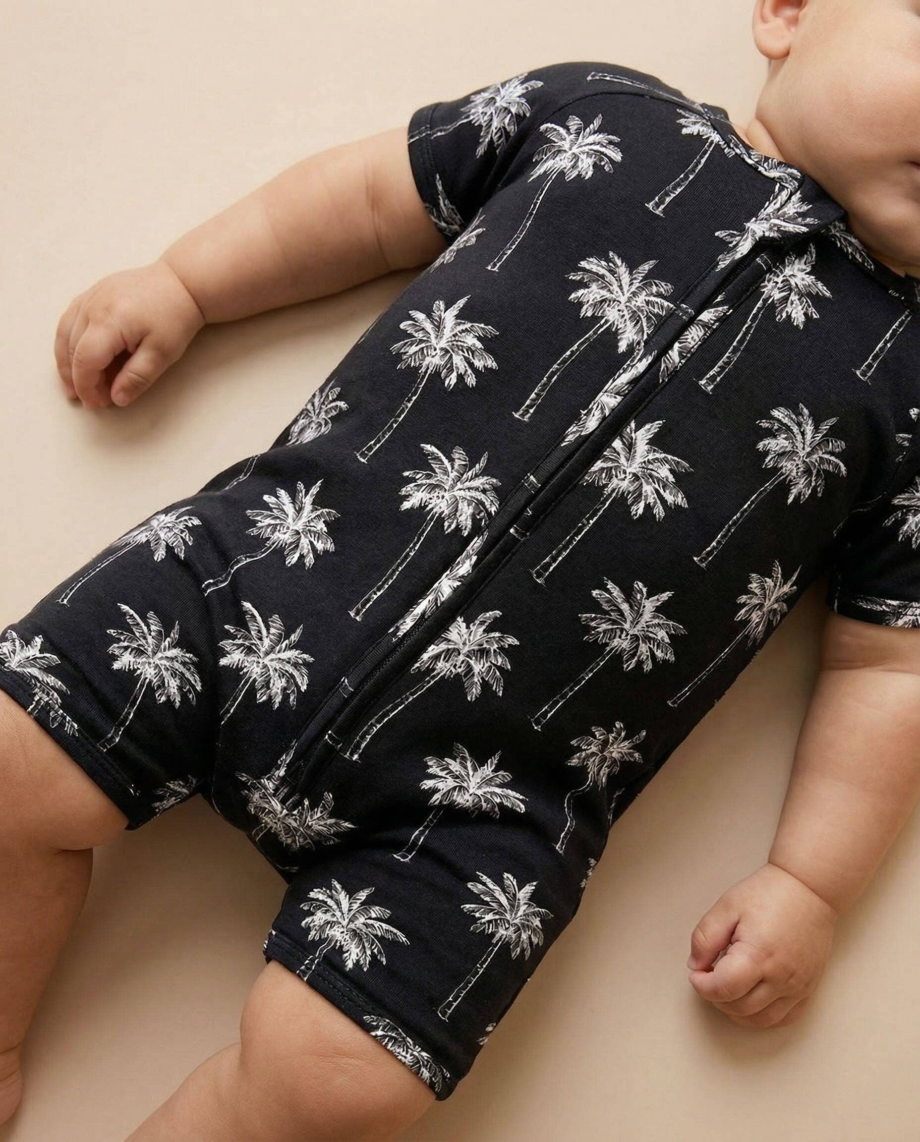 Lucky Panda Kids - Bamboo Shorty Romper - Palm Style Black