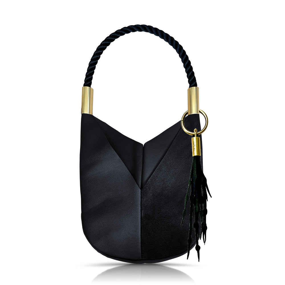 Wildwood Oyster Co. Large Bag in Black Leather w/ Black Rope & Matching Seaweed Tassel