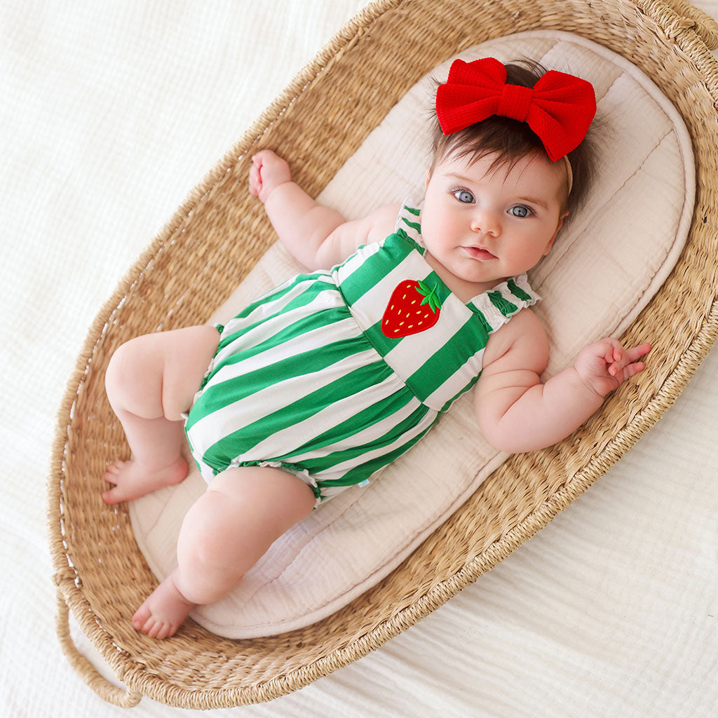 Posh Peanut Ruffled Strap Bubble Romper - Strawberry Stripe