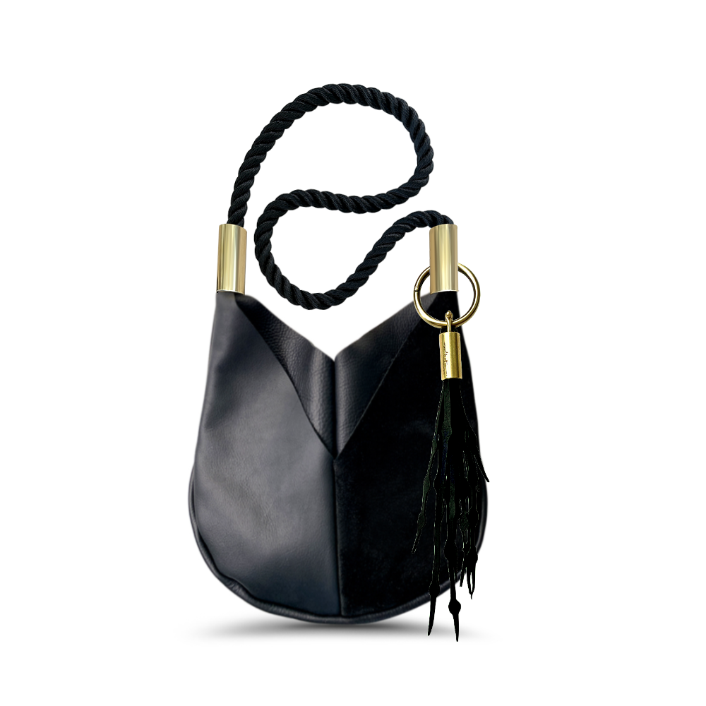 Wildwood Oyster Co. Small Crossbody in Black Leather w/ Black Rope & Matching Seaweed Tassel