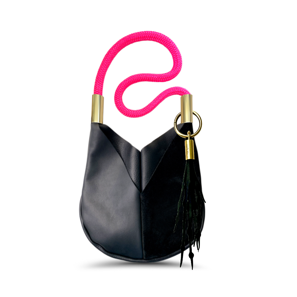 Wildwood Oyster Co. Small Crossbody in Black Leather w/ Neon Pink Rope & Matching Seaweed Tassel