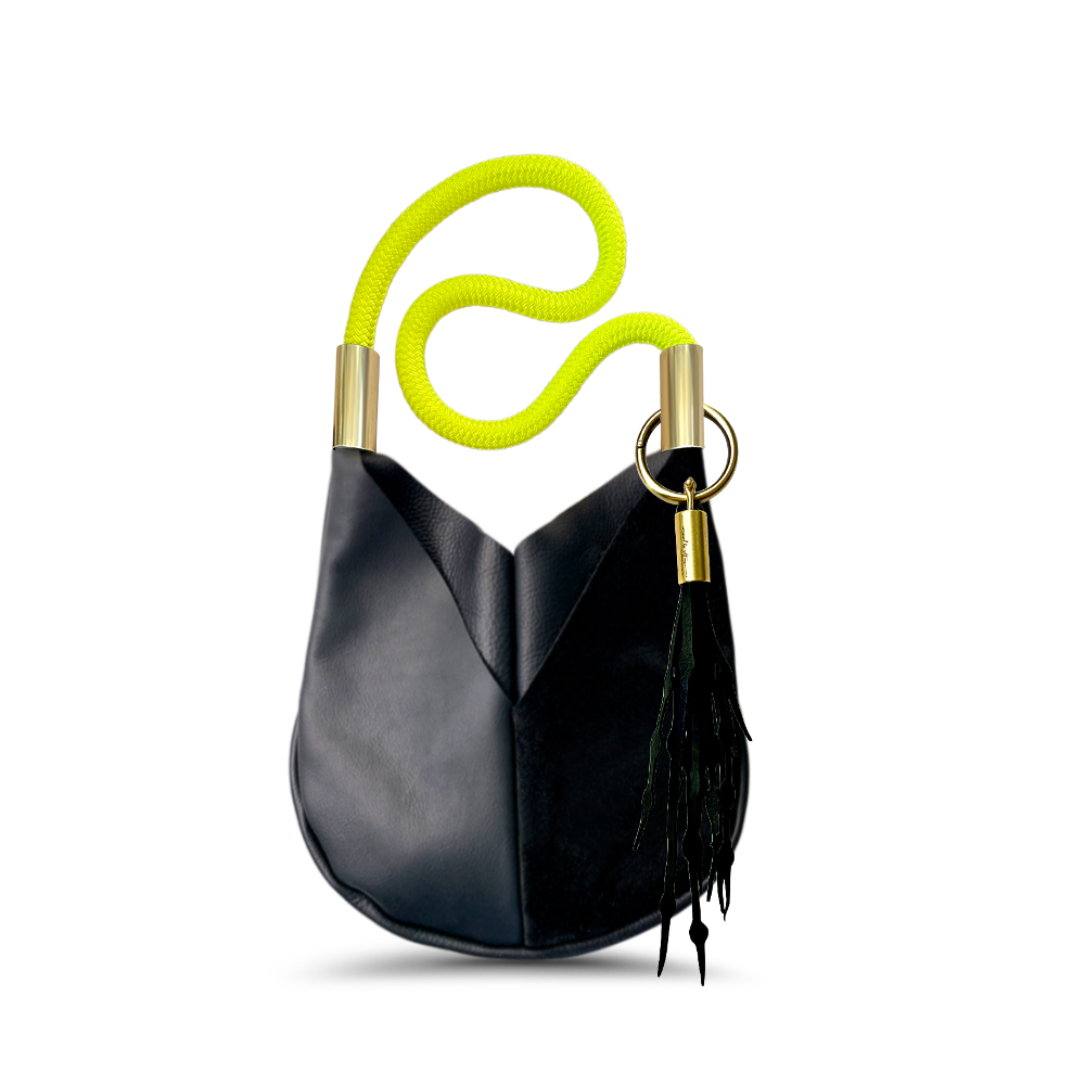 Wildwood Oyster Co. Small Crossbody in Black Leather w/ Neon Yellow Rope & Matching Seaweed Tassel