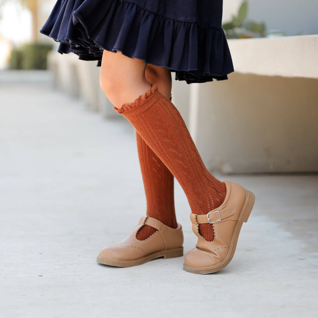 Little Stocking Co. Fancy Lace Top Knee High Socks - Sugar Almond