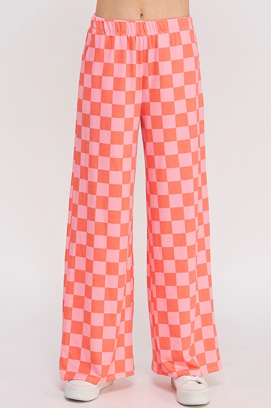 Jade by Jane - High Waist Checkered Straight Leg Knit Pants (Red/Pink)