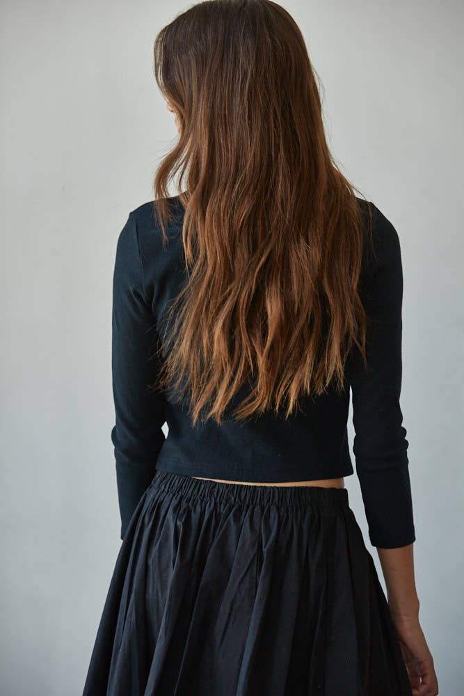 Women's Knit Ribbed 3/4 Sleeve Cardigan - Black