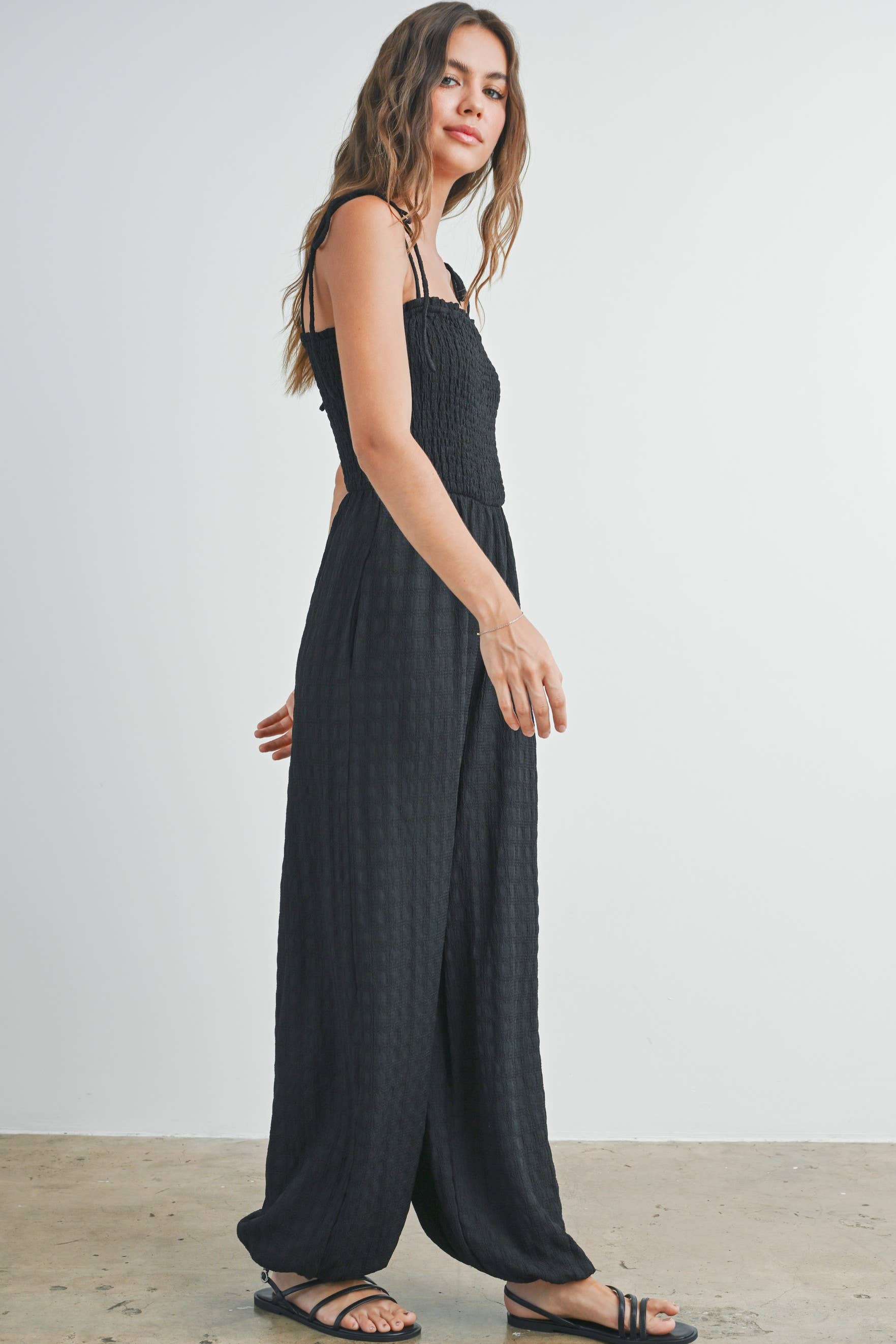 Women's Textured Solid Wide Leg Jumpsuit - Black
