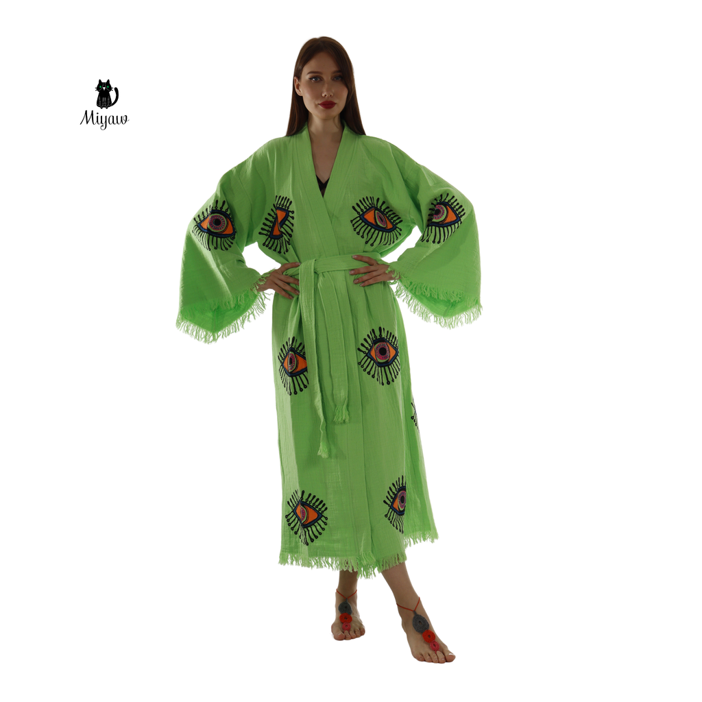 Handmade Organic Cotton Kimono Robe – Green Neon Eye
