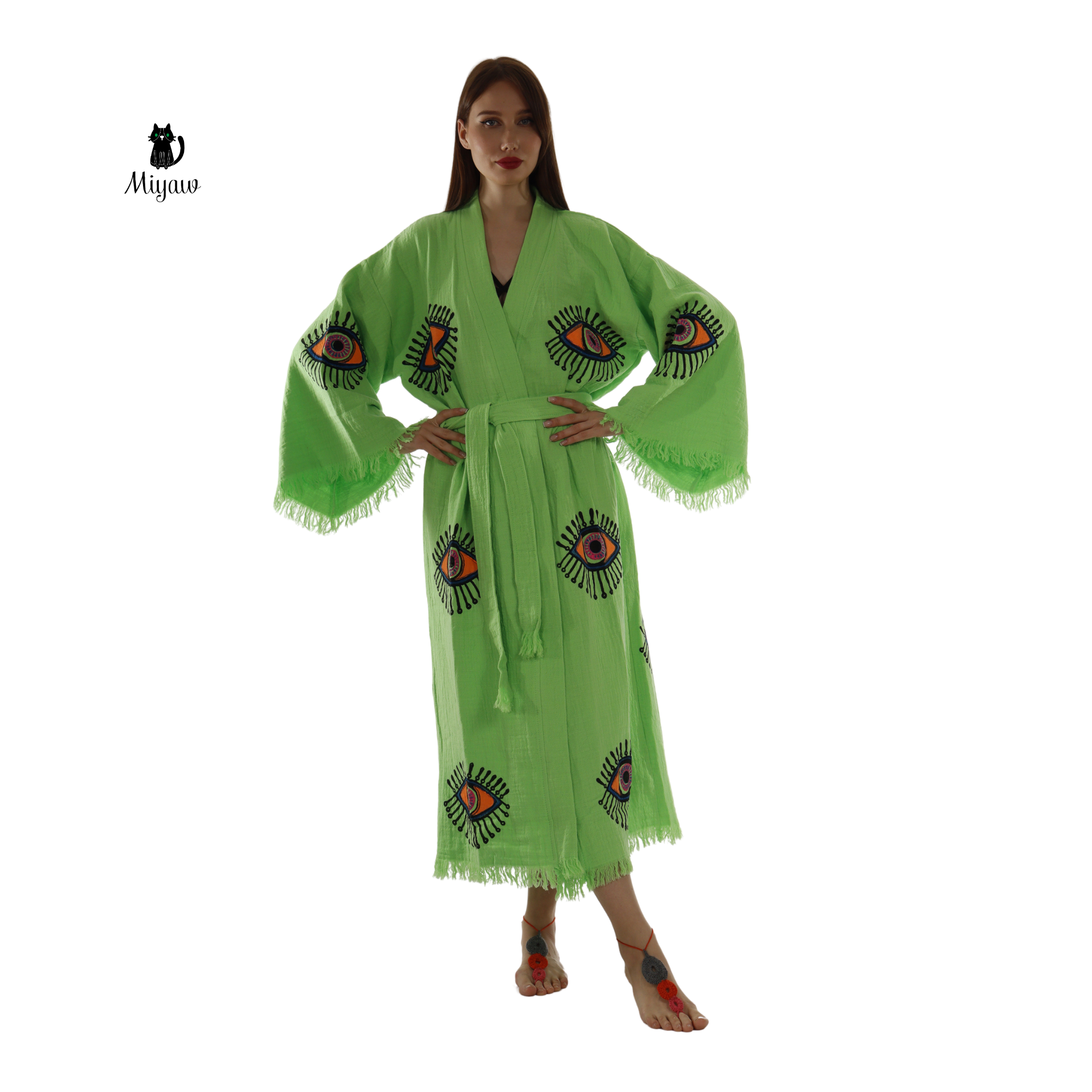 Handmade Organic Cotton Kimono Robe – Green Neon Eye
