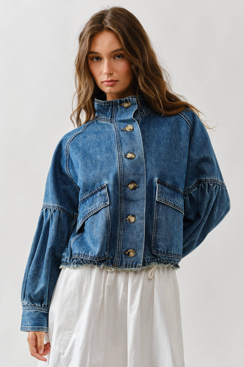 Women's Balloon Sleeve Twill Denim Jacket