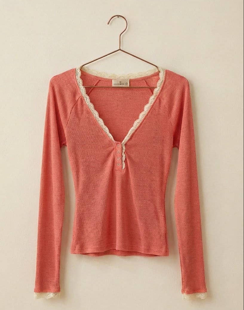 Women's Lace Trim Slub Knit Henley Top - Coral