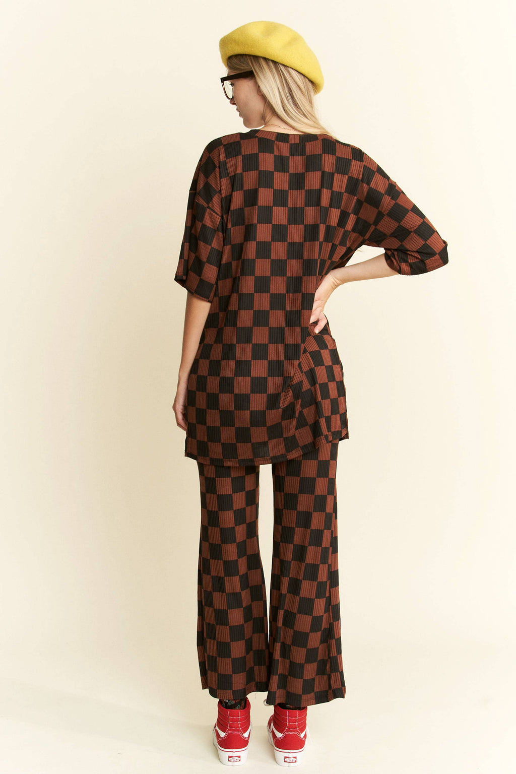 Women's Ribbed Checkered Set - Mocha/Black