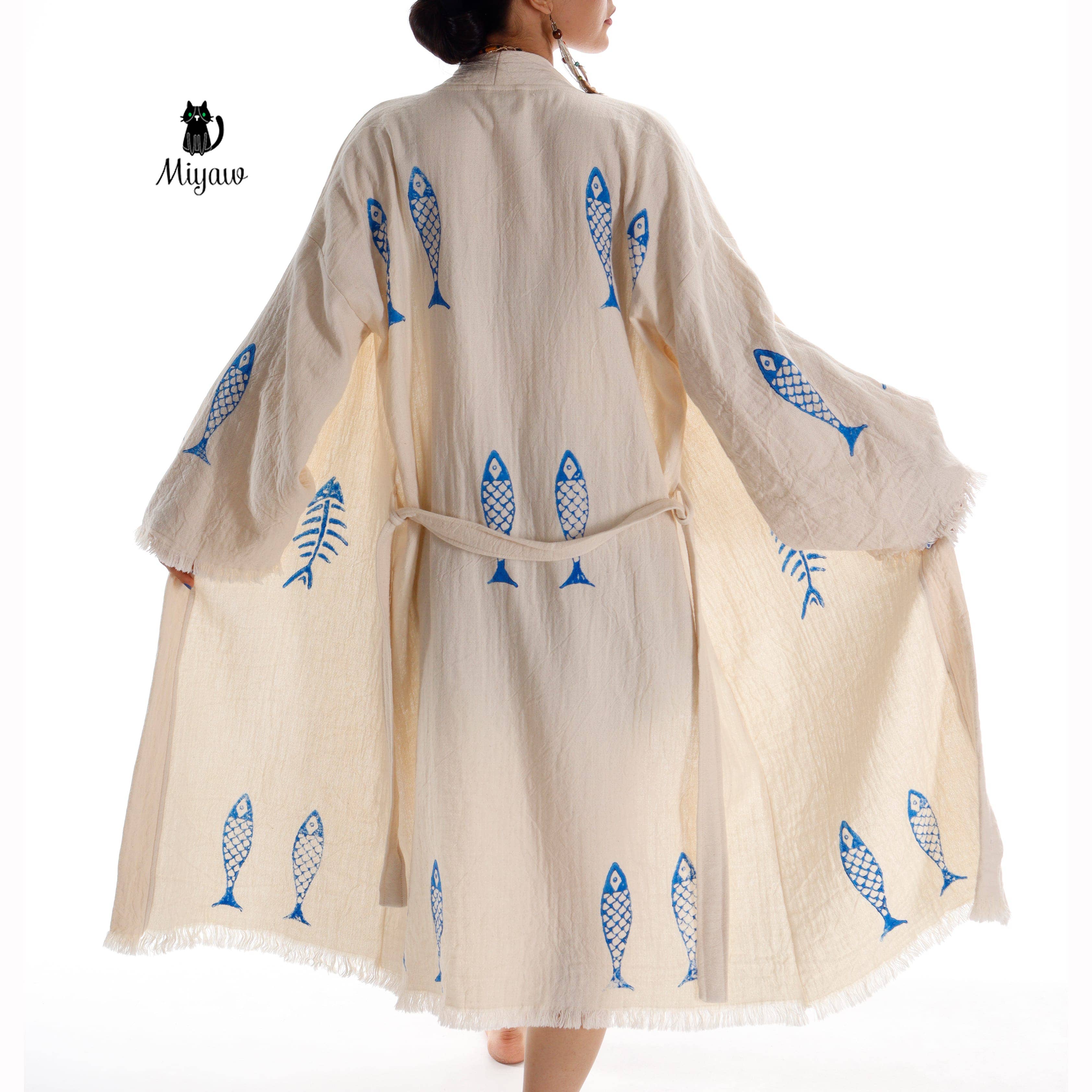 Handmade Organic Cotton Kimono Robe - Blue Fish