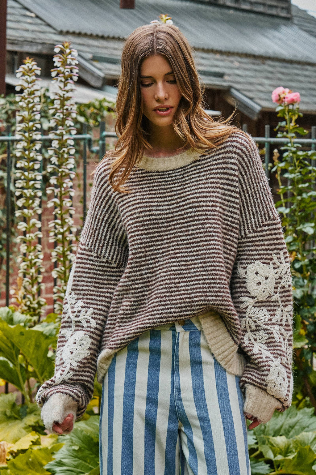 Women's Floral Embroidered Striped Knit Sweater - Brown