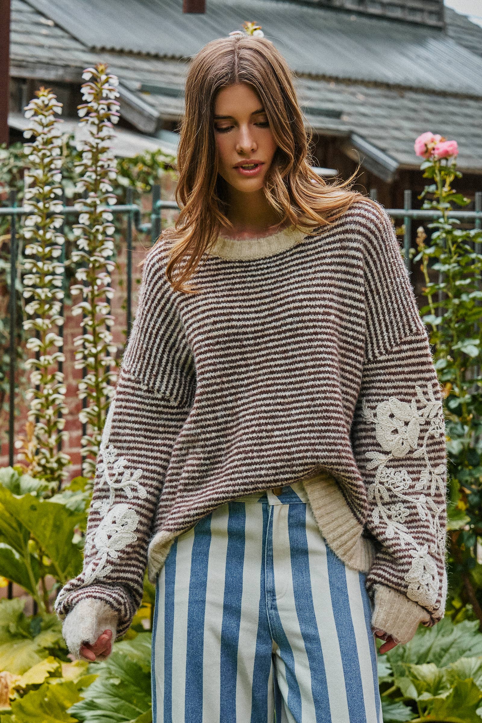 Women's Floral Embroidered Striped Knit Sweater - Brown