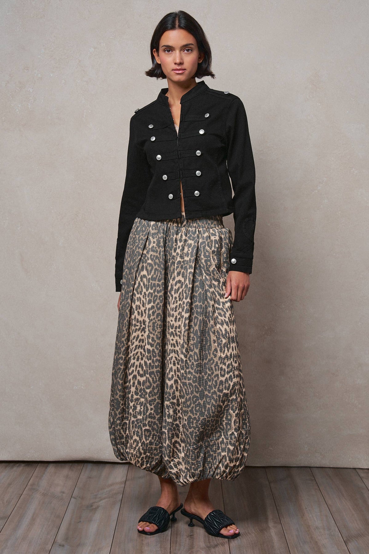 Women's Military Double-Button Stretch Cotton Jacket - Black