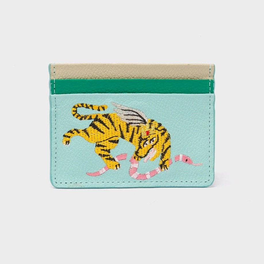 Min & Mon - Filium Eggshell Blue Leather Cardholder - Retro Tiger Embroidery