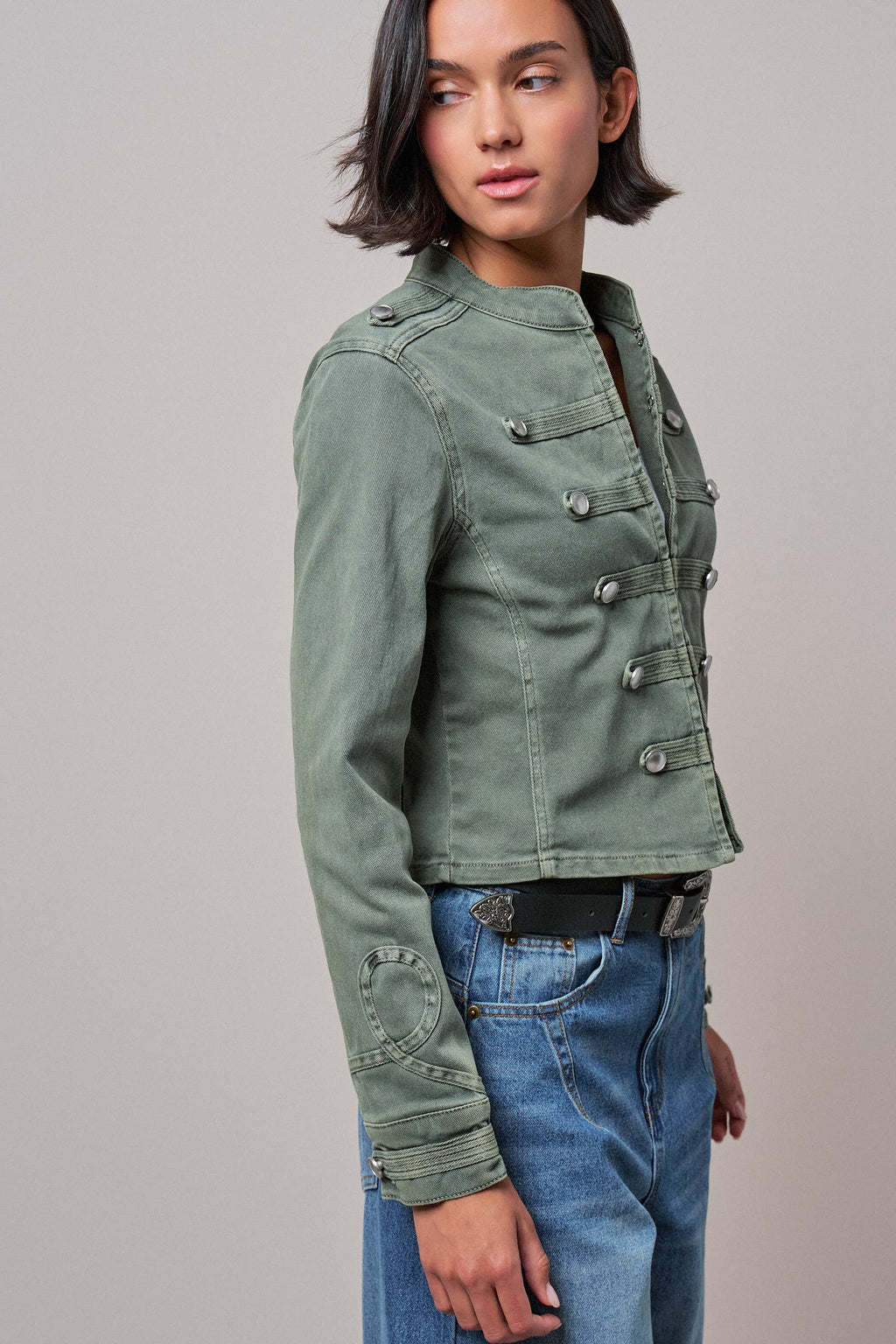 Women's Military Double-Button Stretch Cotton Jacket - Olive
