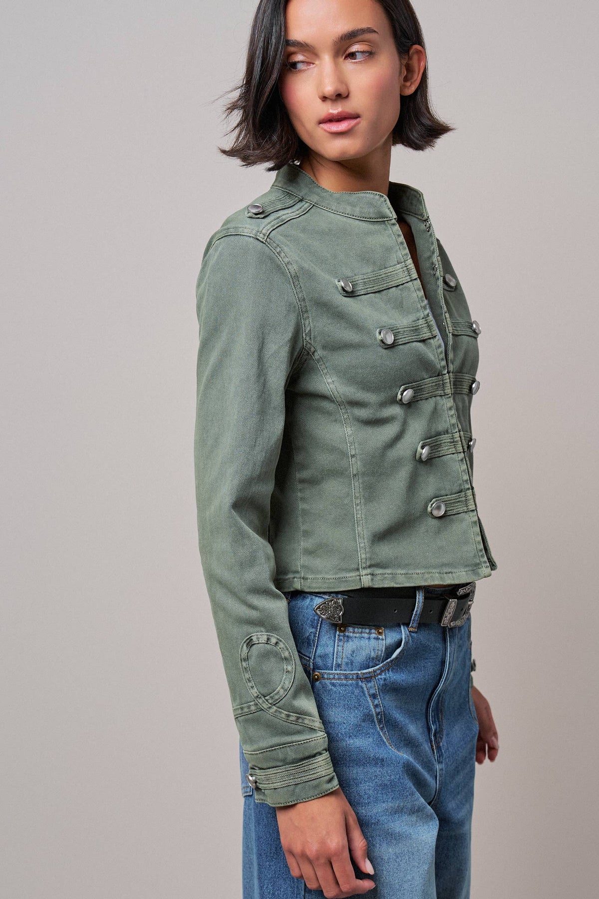 Women's Military Double-Button Stretch Cotton Jacket - Olive