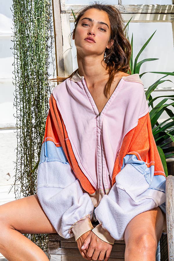 Women's Colorblock  Zip Up Jacket - Pink/Orange/Blue
